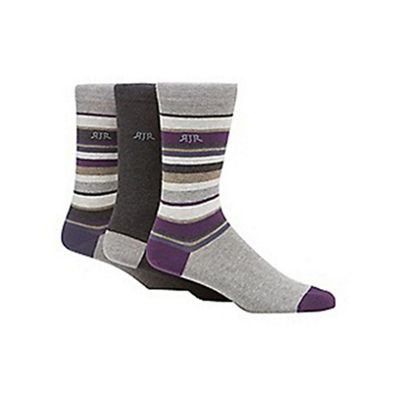 Designer pack of three purple grey striped socks